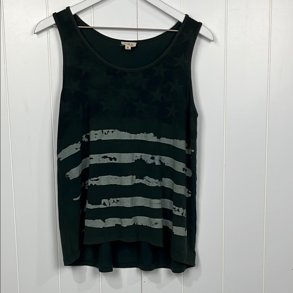 POL Woman’s Tank Top S Dark Green Americana Stars & Stripes Tie Dye Pullover EUC